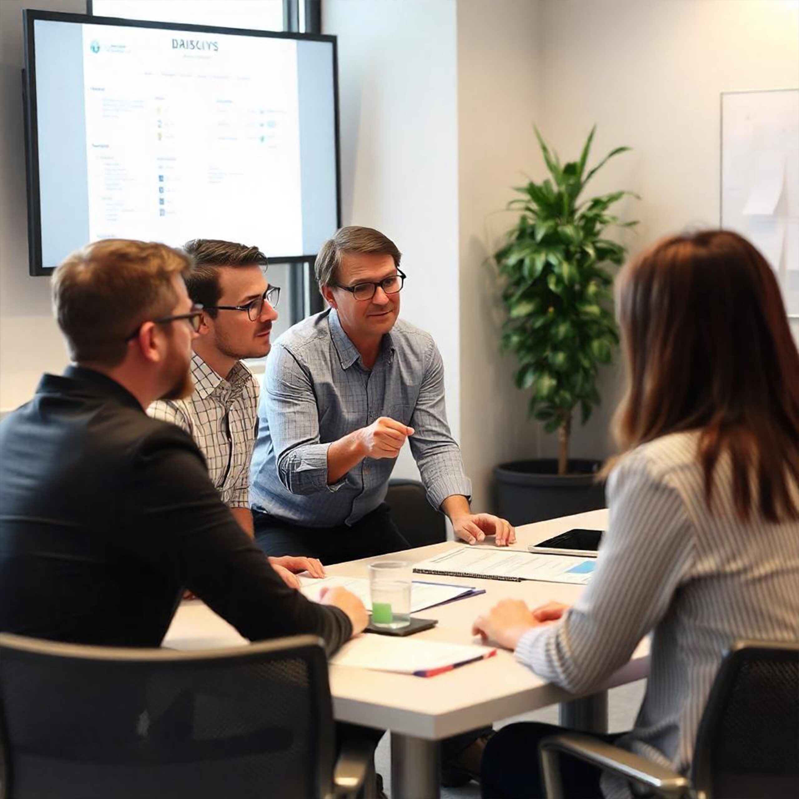Group of four professionals in a meeting around a table, one man gesturing as others listen by a presentation screen and papers on the table.